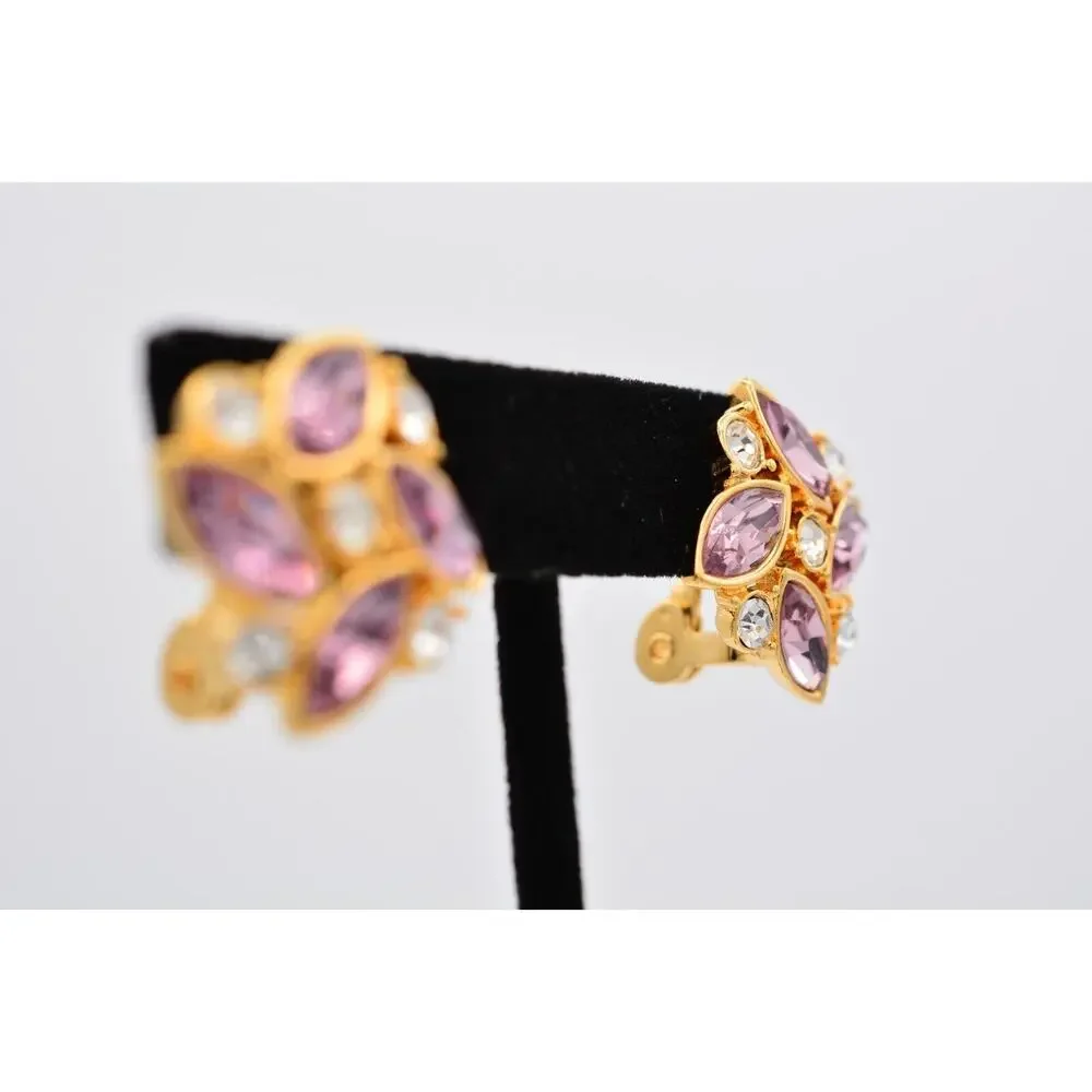 Monet Vintage Crystal Clip On Earrings Lavender Rhinestone Gold Signed 1980s 9E